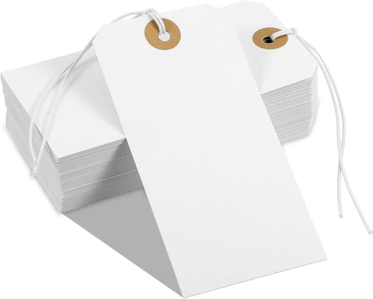 300 Pcs White Hanging Tags with Elastic String – Large 4.72" x 2.36" Writable Marking Tags, Reinforced Hole for Gifts, Inventory & Pricing (Premium Cardstock)