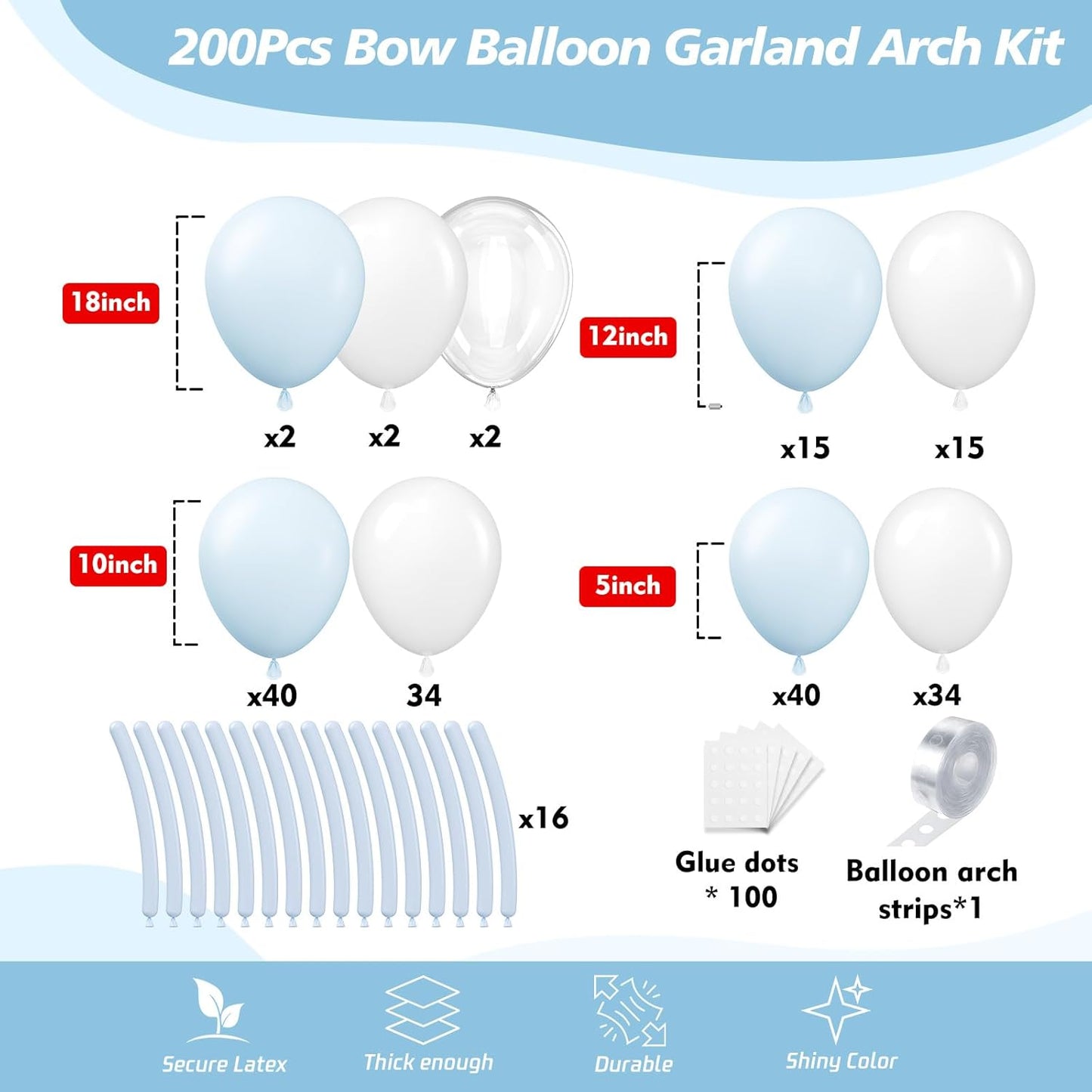 200Pcs Blue and White Balloon Garland Arch Kit - Light Blue White Balloons 18 12 10 5 Inch Different Size Balloons for Birthday Baby Shower Bachelorette Gender Reveal Party Decoration Supplies