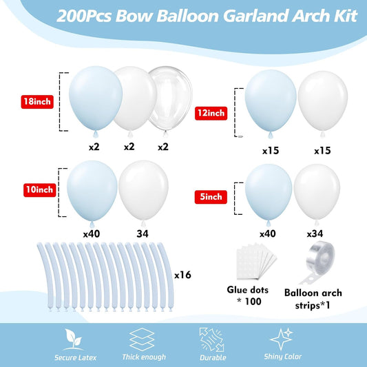 200Pcs Blue and White Balloon Garland Arch Kit - Light Blue White Balloons 18 12 10 5 Inch Different Size Balloons for Birthday Baby Shower Bachelorette Gender Reveal Party Decoration Supplies