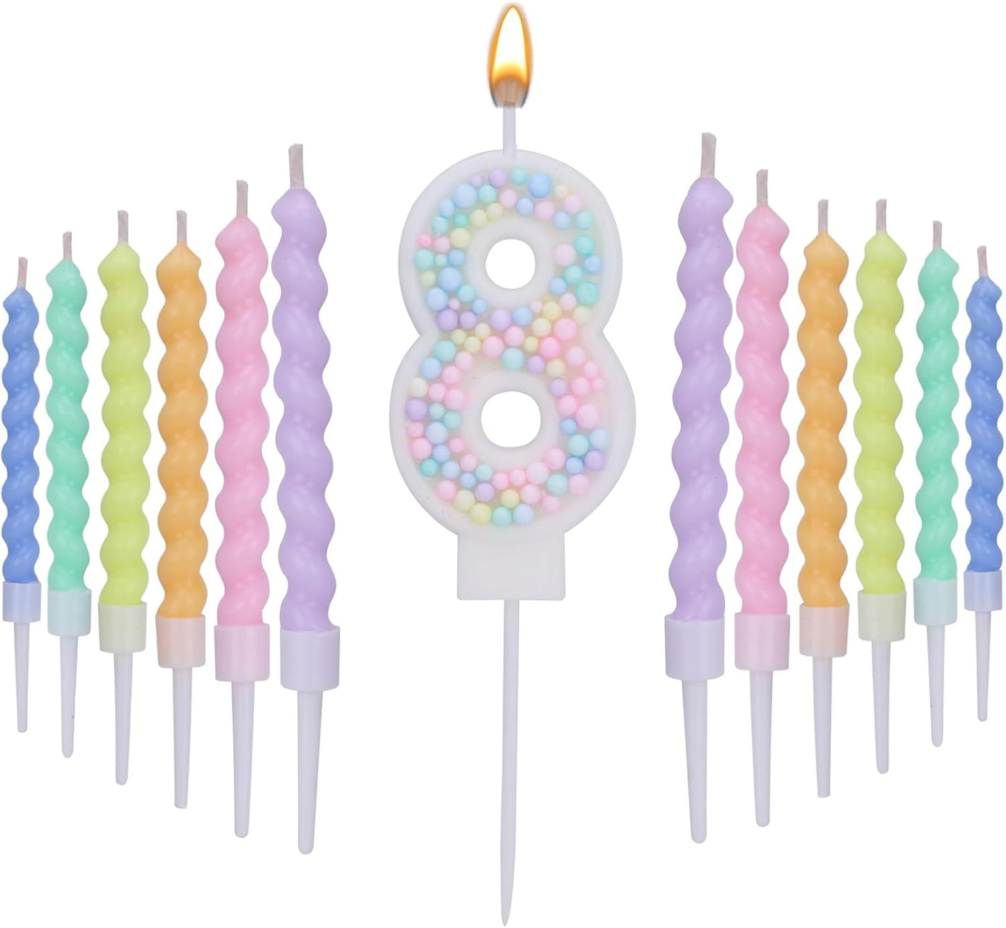 Number 8 Birthday Candles for Cake with 19 Pieces Spiral Candles with Macaron Pastel Rainbow Pink Cake Toppers for Girls Happy Birthday Party Decorations