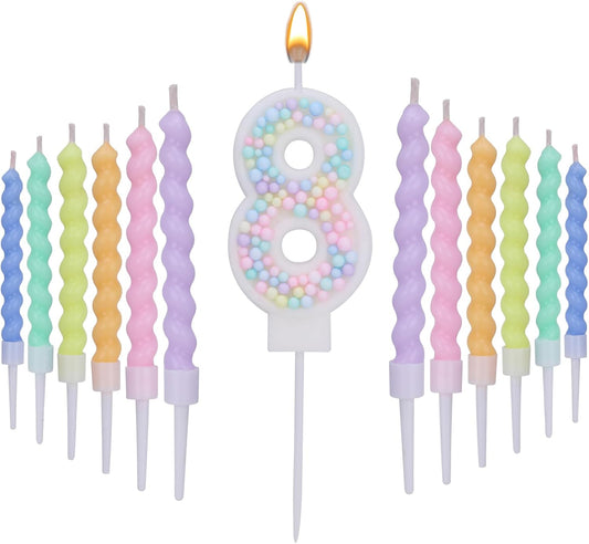 Number 8 Birthday Candles for Cake with 19 Pieces Spiral Candles with Macaron Pastel Rainbow Pink Cake Toppers for Girls Happy Birthday Party Decorations