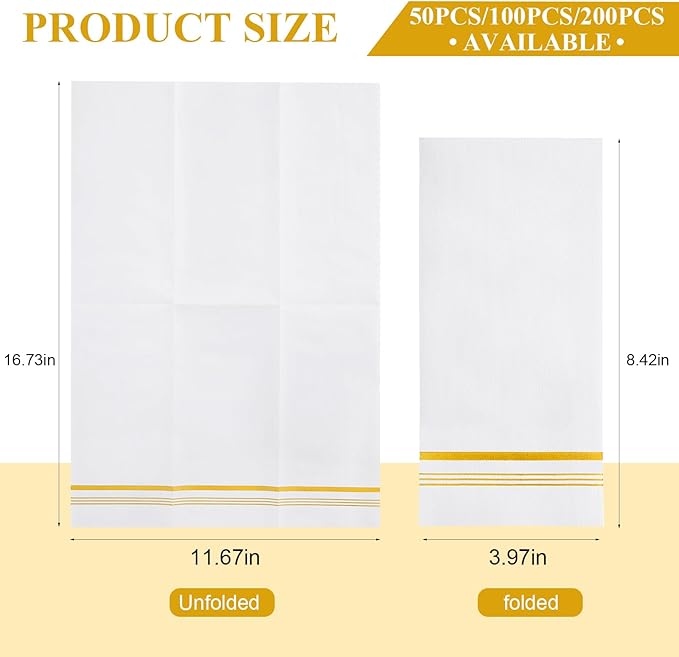 50 Disposable Paper Hand Towels for Bathroom, Linen Feel Guest Towels, Soft and Absorbent Paper Towels Napkins Bulk for Home Dinner Kitchen Wedding, 12" x 17"(Gold Trim Lined)