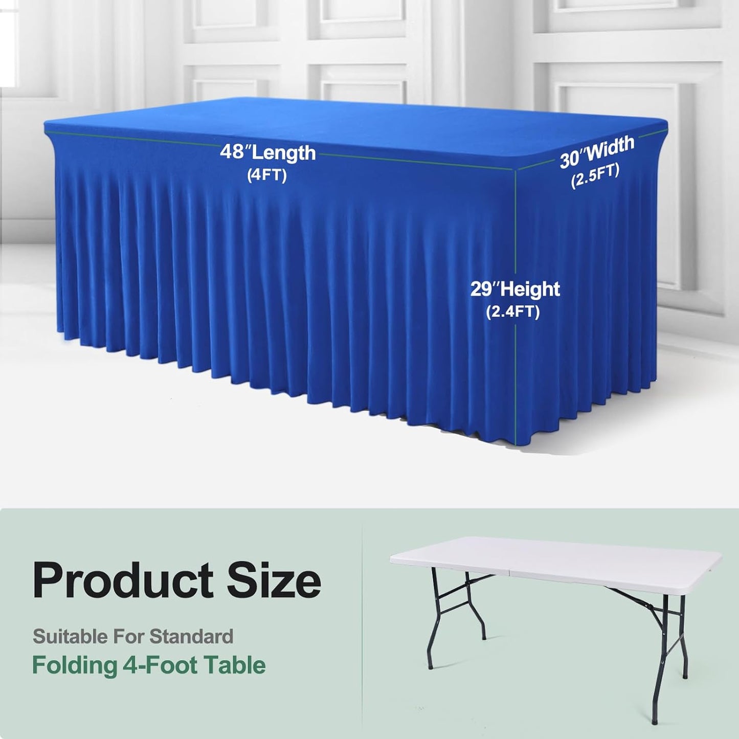 Table Skirt for 4 Foot Tables - 2 Pack One-Piece Royal Blue Tablecloths and Skirt, Wrinkle Resistant Ruffles Elastic Cover for Banquets, Weddings, Events, Parties