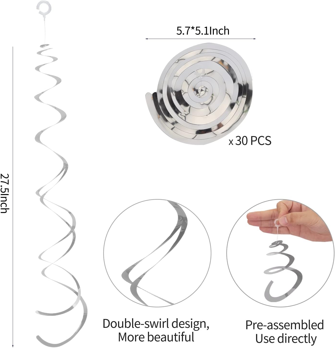 30 Pieces Silver Party Swirl Decorations Foil Swirl Hanging Decoration Plastic Streamer for Ceiling, Whirls Decorations for Birthday Wedding Anniversary Party Decorations
