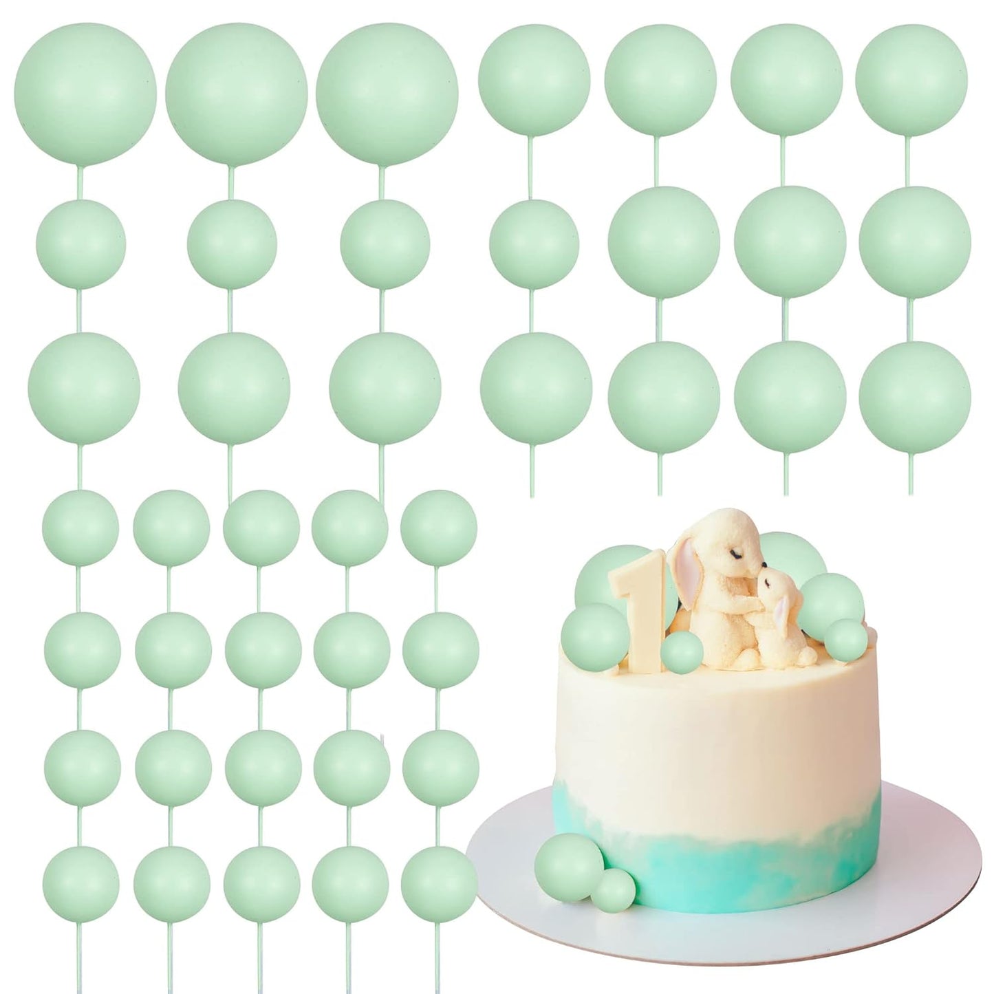 Gyufise 30Pcs Balls Cake Topper Mini Balloons Cake Toppers Foam Ball Cake Decorations Balloon Cake Topper Ball Shaped Cake Insert Topper for Birthday Party Baby Shower Decor Green