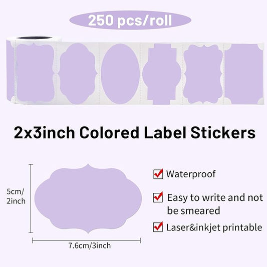 Yeachlaing Purple Labels - 250 PCS 3" x 2" Fancy Shape Stickers for Storage Box or Food Jars