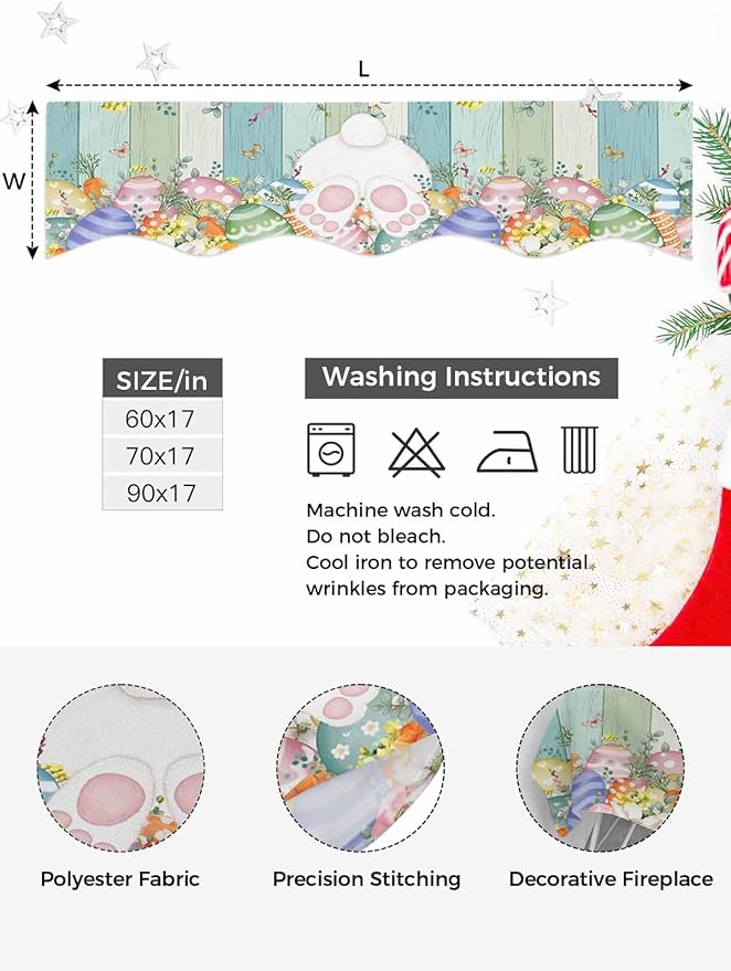 Cute Easter Bunny Fireplace Mantel Scarf Table Runner, Eucalyptus Leaves Colorful Eggs Wooden Winter Garland Mantel Top Tablerunners Dresser Scarves Cover for Windows Party Living Room 60''x17''