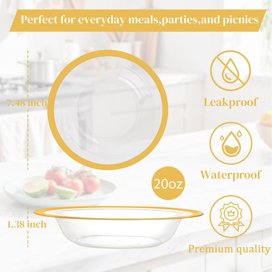 Liacere 60Pcs Gold Plastic Bowls - Disposable Clear and Gold Dessert Bowl - 12OZ Premium Plastic Soup Bowls for Wedding &Thanksgiving &Fall Decor