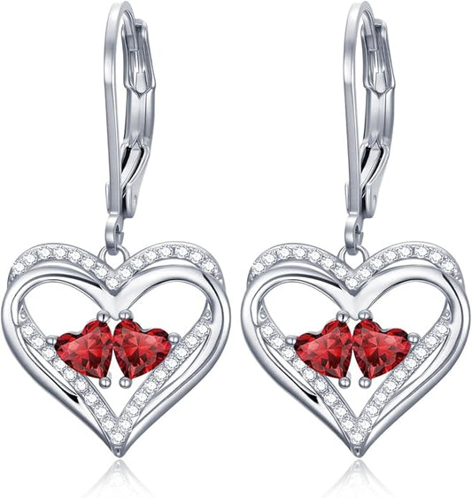 Valentines Day Gifts for Women, Heart Leverback Earrings Double Birthstone Dangle Earrings for Women, Love Jewelry for Her, Anniversary Birthday Gift for Mom Wife Girlfriend