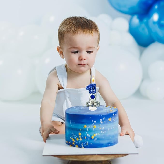HXOUSE Astronaut 1st Birthday Candle - Space Universe Sparkler 1 Candle for Birthday Cake Boy, Topper for Party Decorations Anniversary Celebrations (Number 1)