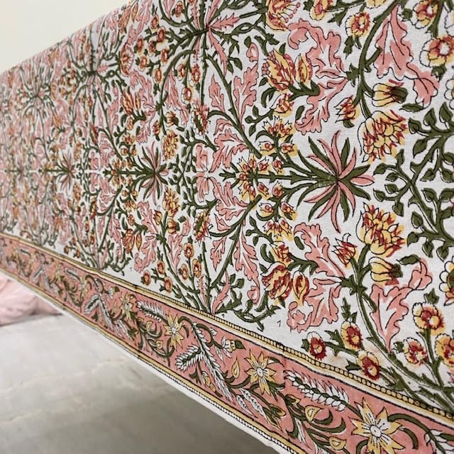 Ridhi Sassy Salmon and Emerald Green Hand Block Print Cotton Cloth Dinning Table Cover Wedding Farmhouse Thanksgiving Christmas Spring Fall Tablecloth 4 Seater 60x60 Inches Square