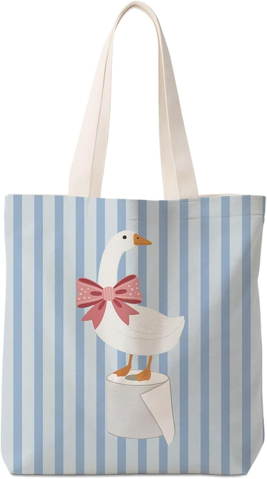 Coquette Pink Bow Goose Tote Bag for Women,Funny Goose Canvas Tote Bag,Gifts for Goose Lovers,Blue Striped Aesthetic Reusable Shopping Grocery Bags Party Favors