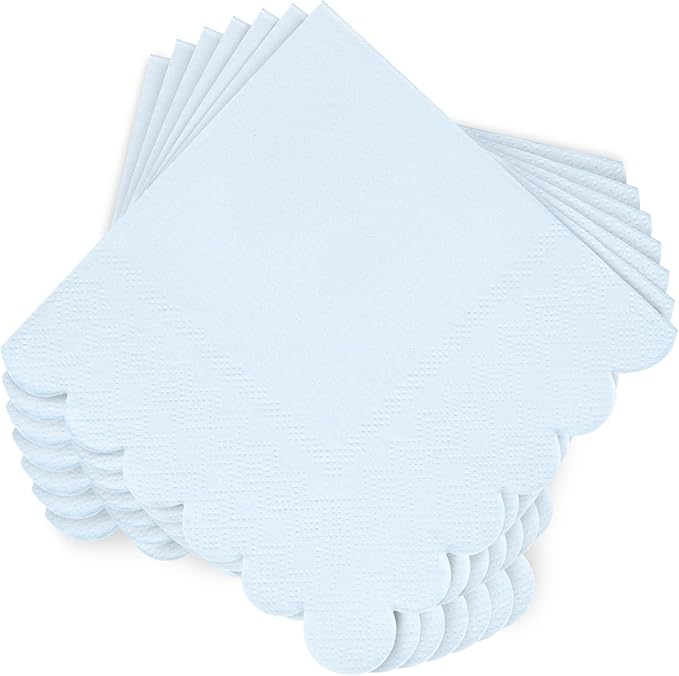 100 Pcs Light Blue Napkins Scalloped Edged Dessert Cocktail Napkins Folded 5 x 5 Inches Disposable Napkins for Dinner Wedding Birthday Party