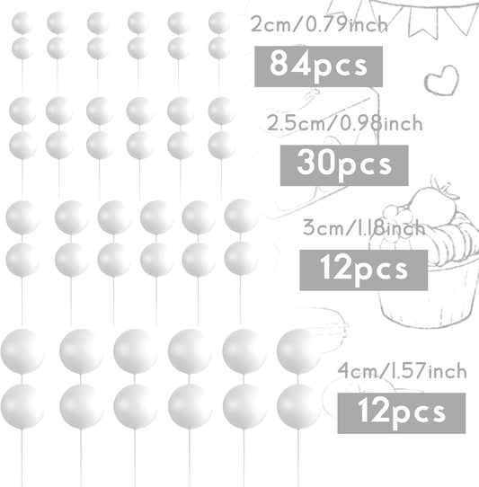 138 Pcs White Balls Cake Topper Decorations Balloon Cupcake Toppers Foam Multisize Cake Topper Balls for Birthday Party Wedding Anniversary