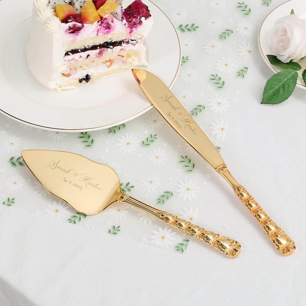 Wedding Cake Knife and Server Set, Personalized Gold Cake Cutting Set for Wedding, Engraved Classic Cake Knives Cutter Set, Pie Server, Birthday Bridal Quinceañera Gift (CUS-Bow)