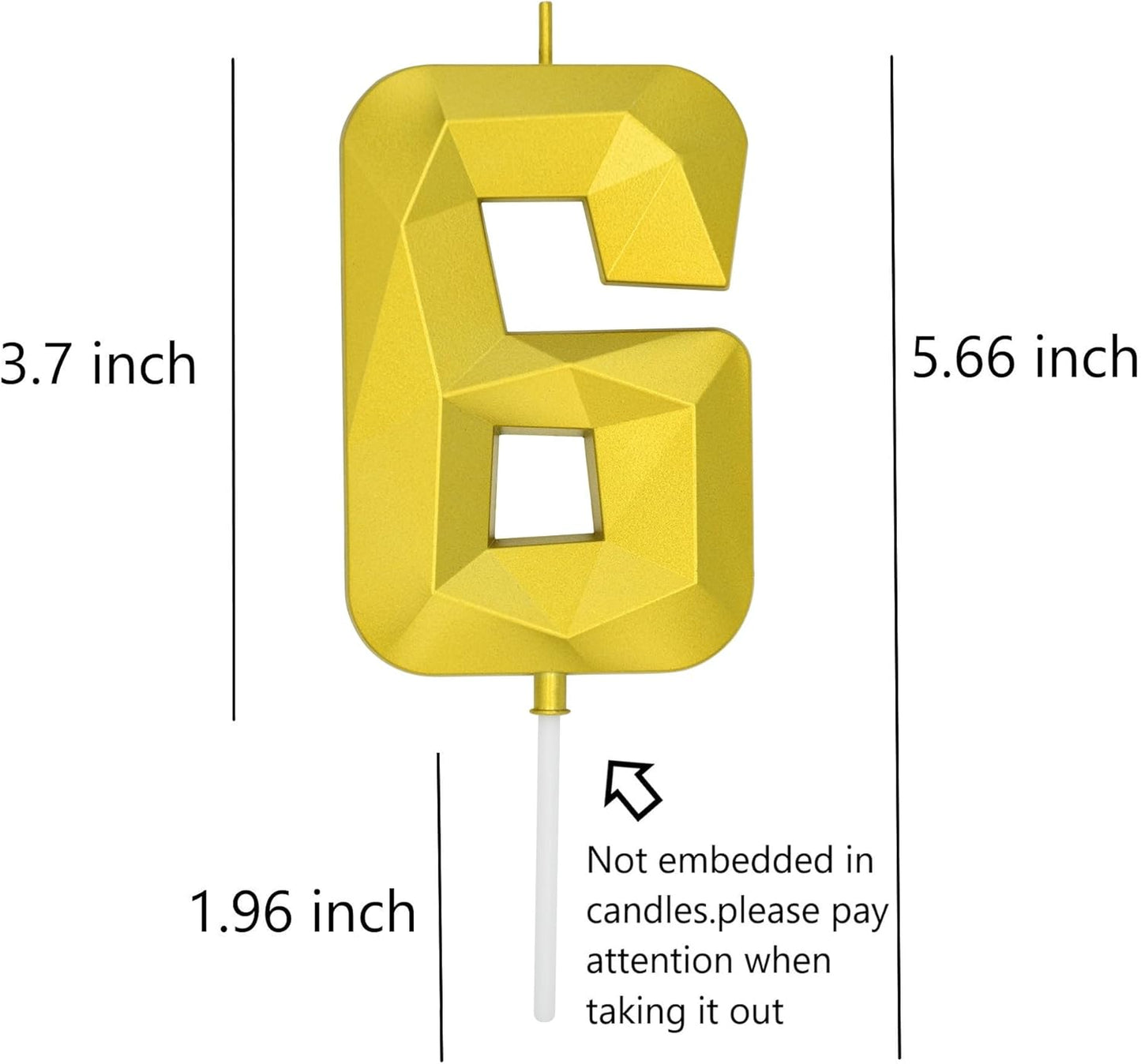 DERVENTA Large Birthday Candle Number 3D Gold 3.7 inch Party Celebration Anniversary Decoration Cake Topper 1 Piece (Number 6 Gold)