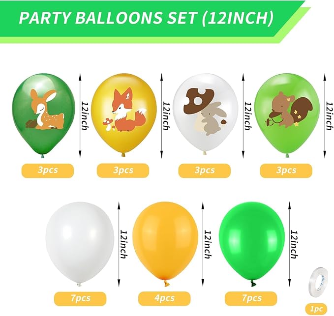 Animal Balloons, 12 Inch Jungle Safari Balloons Animal Rabbit Sika Deer Fox Squirrel Print Balloons Green White Yellow Jungle Safari Theme Party Decorations Party Supplies (4 Kind Of Animal)