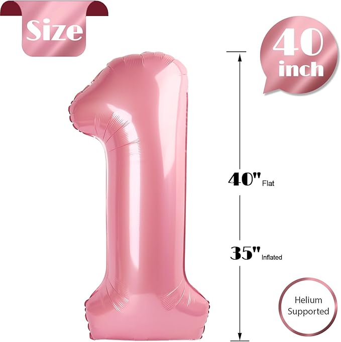 40 Inch Pearlescent Pink 1 Balloon for First Birthday, 1st Number Balloons Birthday Decorations for Girl Kids Toddler Baby, One Giant Number 1 Balloon