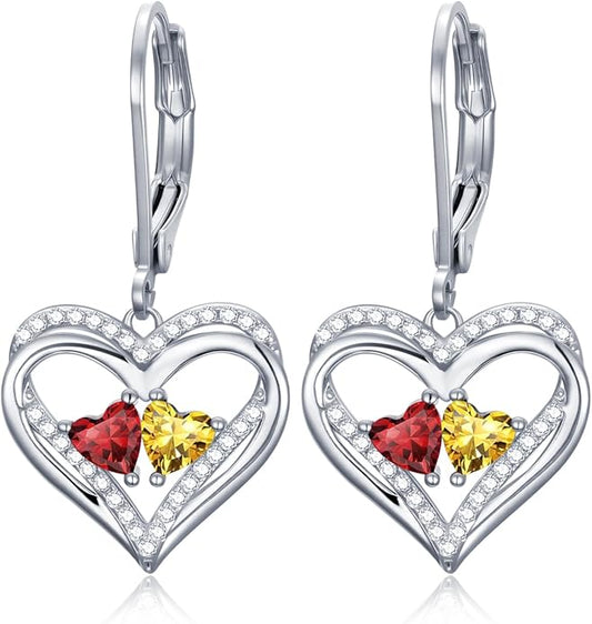 Valentines Day Gifts for Women, Heart Leverback Earrings Double Birthstone Dangle Earrings for Women, Love Jewelry for Her, Anniversary Birthday Gift for Mom Wife Girlfriend
