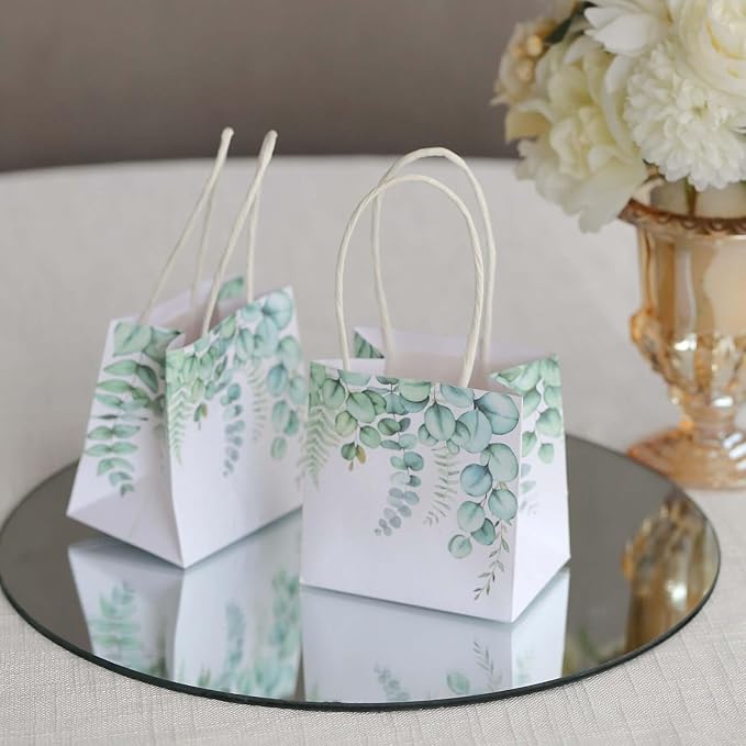 Efavormart 12 Pack 4"x4" Green Eucalyptus Paper Gift Bags with Handles - Small Botanical Favor Goodie Bags for Boho Wedding and Baby Shower