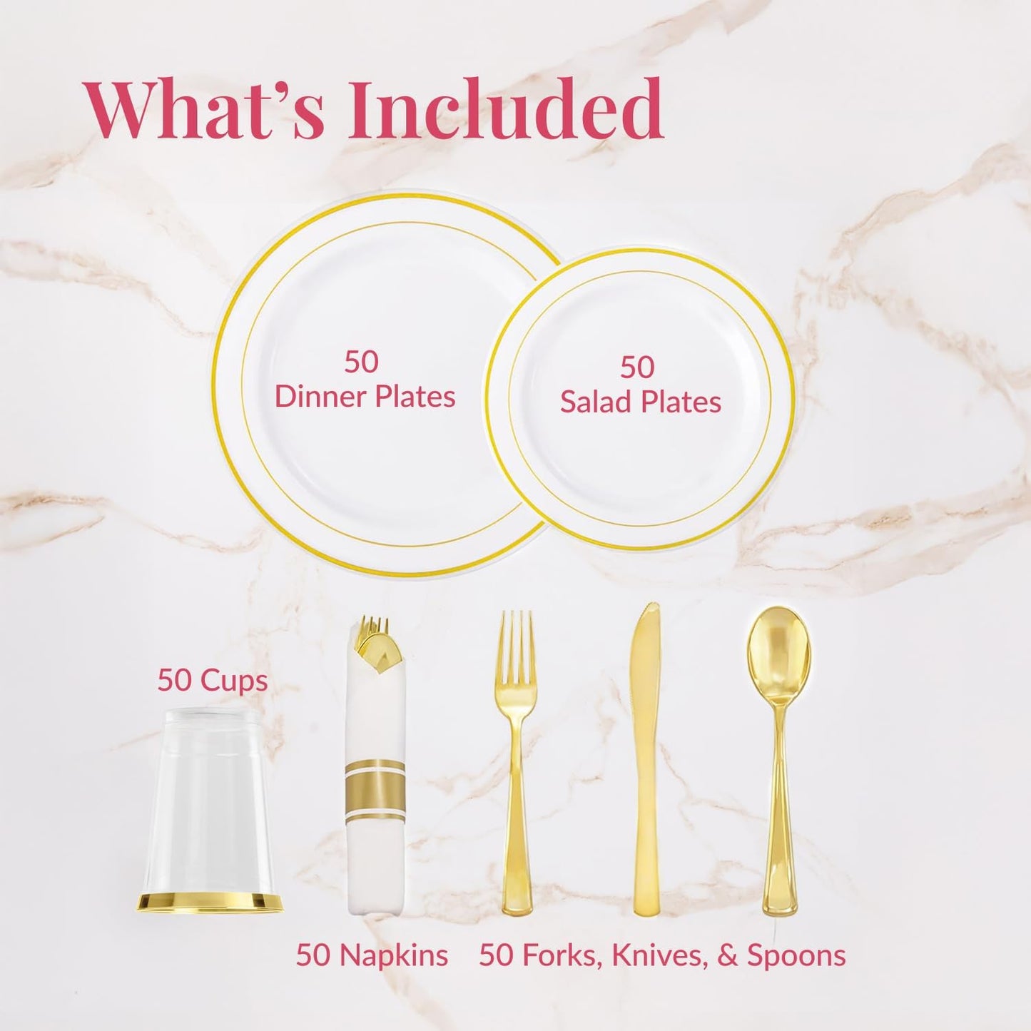 Prestee 350-Piece Engagement Party Decorations Disposable Dinnerware Set for 50 Guests - Fancy Plastic Dinner Ware Sets with Plates, Cups, Forks, Knives, Spoons - White and Gold Dinnerware Set