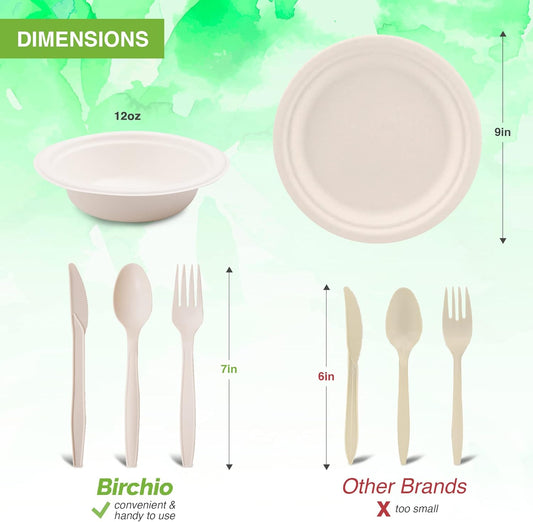 250 Piece (50 Sets) Biodegradable Paper Plates Set (EXTRA LONG UTENSILS), Disposable Dinnerware Set, Eco Friendly Compostable Plates & Utensil include Plates, Bowls, Forks, Knives and Spoons