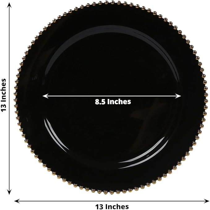 Efavormart 10-Pack Economy Plastic Charger Plates 13" Round Black with Gold Beaded Rim - Stylish Dinner Party Serving Plates