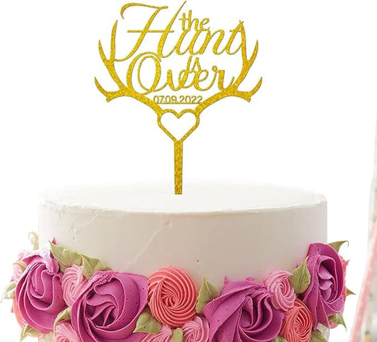 The Hunt is Over Wedding Cake Topper Acrylic Gold,Personalized Mr & Mrs Wedding Cake Topper,Bride & Groom Cake Topper for Wedding Anniversary Engagement Party Supplies