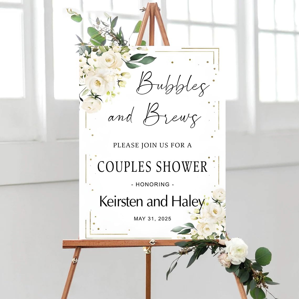 Personalized Greenery Eucalyptus Bubbles and Brews Couples Shower Welcome Sign, Gold Modern Minimalist Wedding Shower Bridal Party Decoration, Outdoor Plastic Sign Weatherproof #11