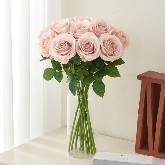 12pcs Roses Artificial Flowers Fake Roses Dusty Pink Silk Roses White Silk Flowers Rose with Long Stems for Wedding Home Party Centerpieces Decorations