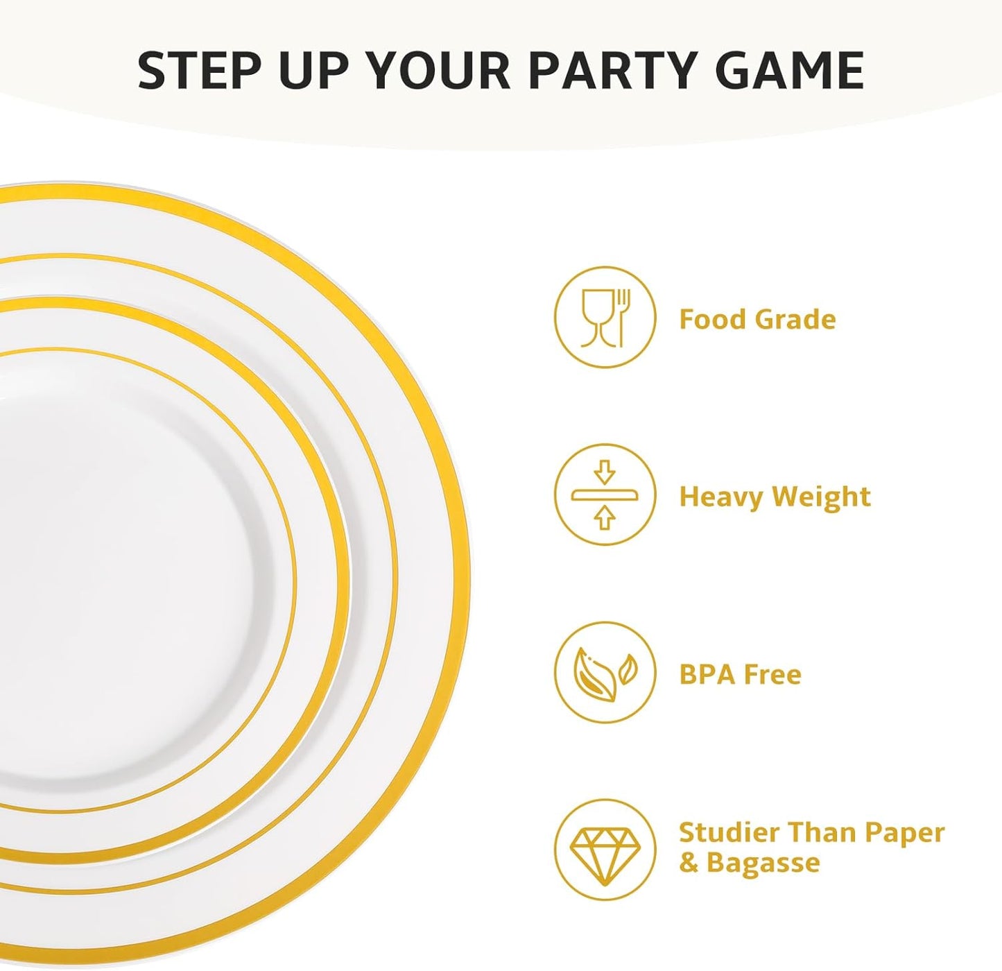 AOZITA 200 Pcs Gold Plastic Plates for Party, Heavy Duty Disposable Plastic Plates for Party, Holiday, Wedding, Thanksgiving and Birthday