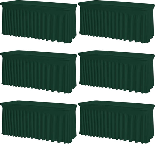 6 Pack Dark Green Rectangle Tablecloth with Elastic Table Skirt – 6FT Fitted Spandex Table Cover, 72 Inch Wrinkle-Resistant & Stretchable for Wedding, Banquet, Party, Buffet, Restaurant