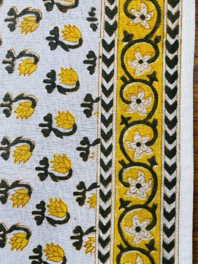 Ridhi Hand Block Print Cotton Tablecloth 102"x48" – Vintage Yellow Rectangle Table Cover for Dining & Farmhouse