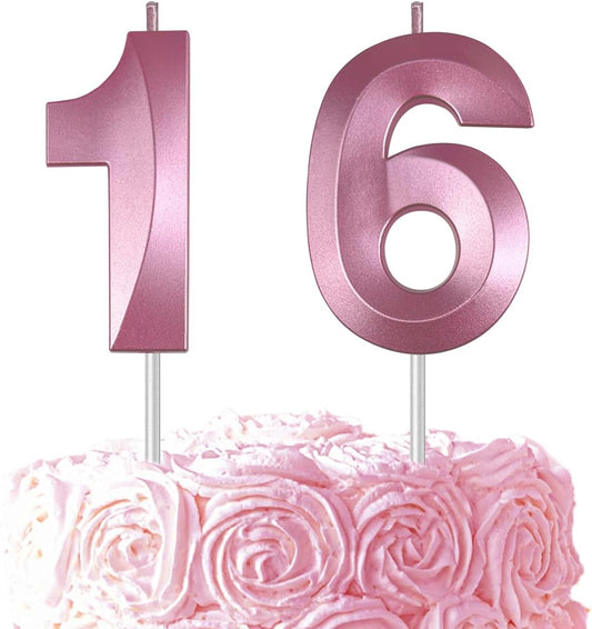 Pink Number 16 Candles, 3D Diamond 2.76 Inch Cake Topper Birthday Candles for Wedding Anniversary Cake Decorations, Happy Birthday Party Decorations