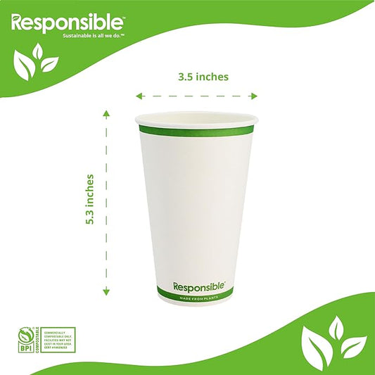 Responsible Products 16 oz Paper Hot Cups, Tree-Less™ Compostable Paper Coffee Cups, Extra Strength, Tree-Free and Made Without PFAS, White (1000 Count)
