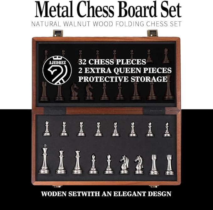 15 Inch Walnut Chess Board Set for Adults Kids Metal Chess, Folding Portable Travel Chess Game for Tournament Professional Beginner with Manual