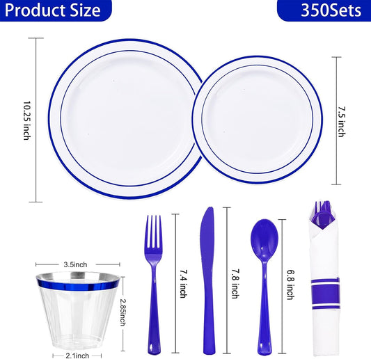 WELLIFE 700 Pcs Blue Plastic Plates for 100 Guests - Plastic Dinnerware Set,Party Supplies Includes 200 Blue Disposable Plates,300 Silverware,100 Napkins,100 Cups