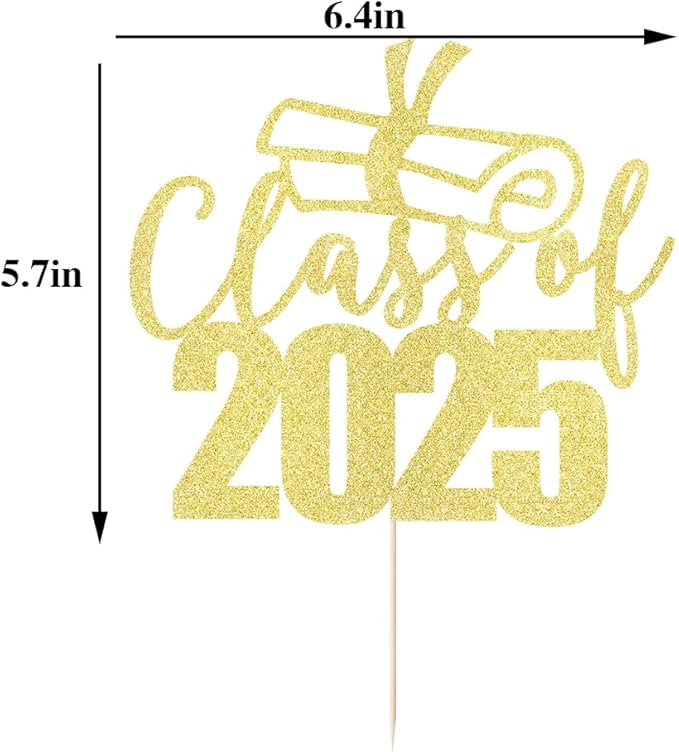 Class of 2025 Cake Topper - Congrats Grad Cake Toppers - Gold Glitter Graduation Party Decorations