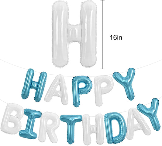 TONIFUL Happy Birthday Balloons Banner 16 Inch Mylar Foil Letters Birthday Sign Reusable for Girls Boys Kids & Adults Birthday Party Decorations Supplies（Light Blue White）