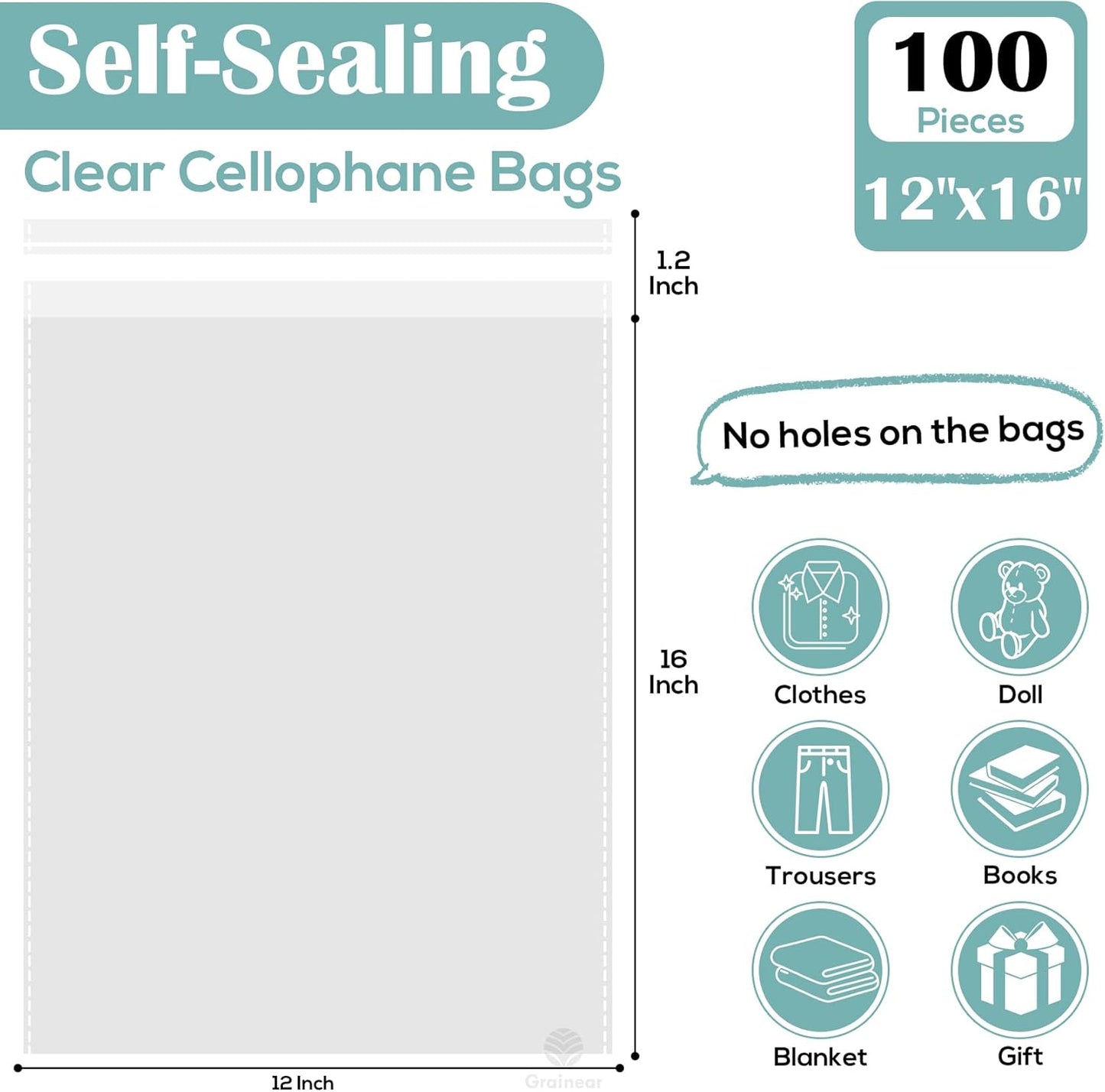 12x16" Large Clear Self-Sealing Cellophane Bags – Resealable Bags for Clothes, Gifts, Pants & Small Business Packaging (Pack of 100)