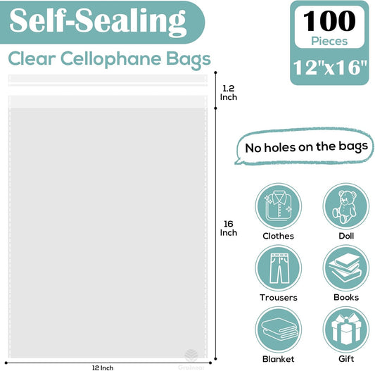 12x16" Large Clear Self-Sealing Cellophane Bags – Resealable Bags for Clothes, Gifts, Pants & Small Business Packaging (Pack of 100)