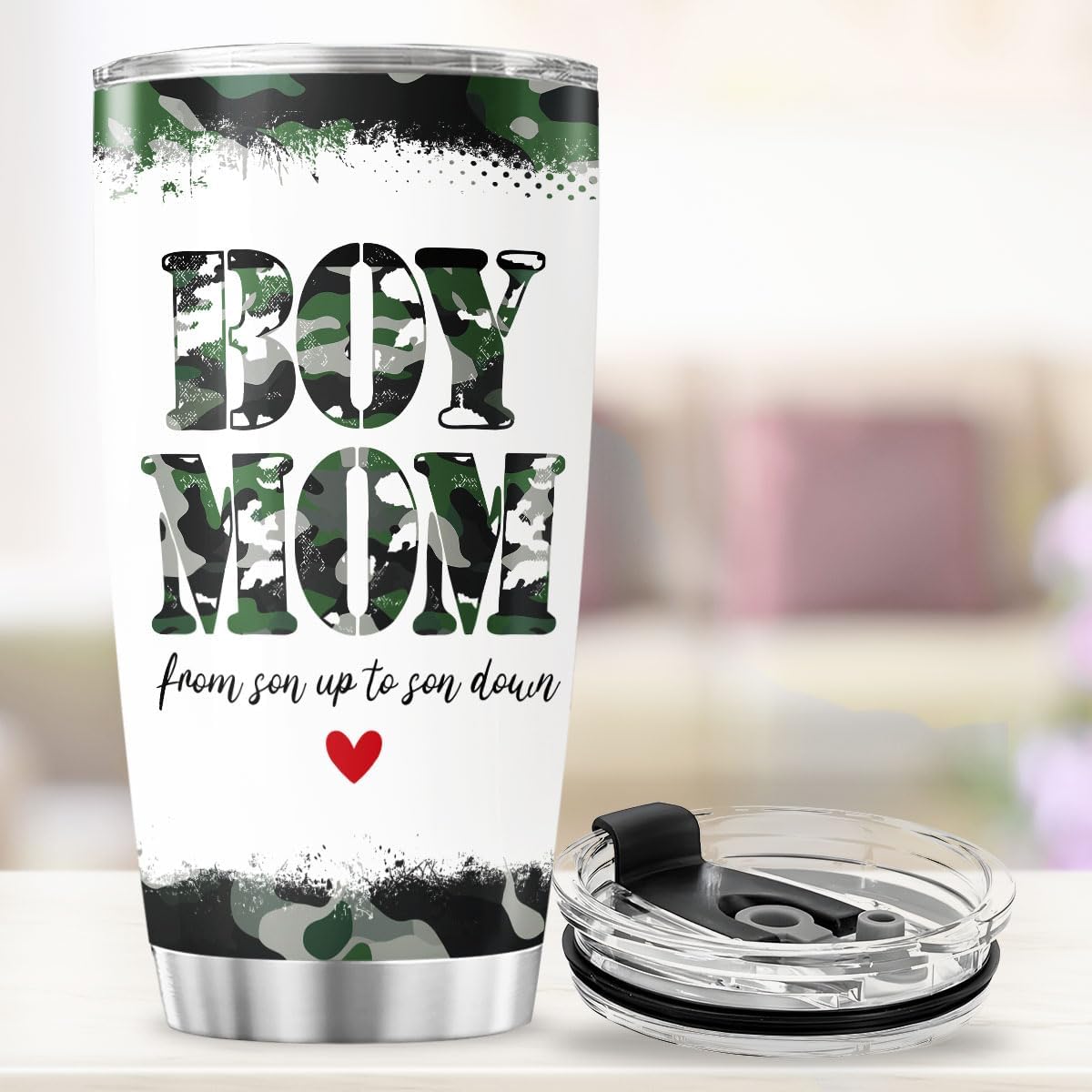 Boy Mom Camouflage Gift 20oz Insulated Stainless Steel Tumbler, Funny Camo Travel Cup for Mothers from Son, From Son Up to Son Down Quote, Vacuum Mug for Coffee, Water, or Outdoor