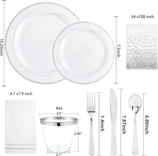 GATHER 176 Pieces Silver Plates - Disposable Silver Plastic Plates Includes 50 Plates, 75 Silverware, 25 Napkins, 25 Silver Rimmed Cups and 1 Tablecloth Perfect for Party & Weding