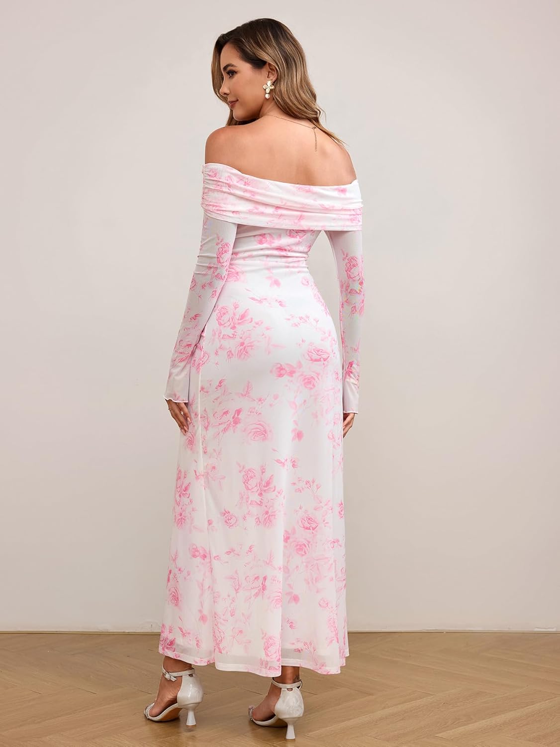 KUTUMAI Women Off Shoulder Bodycon Maxi Dress Long Sleeve Mesh Ruched Party Formal Wedding Guest Dresses