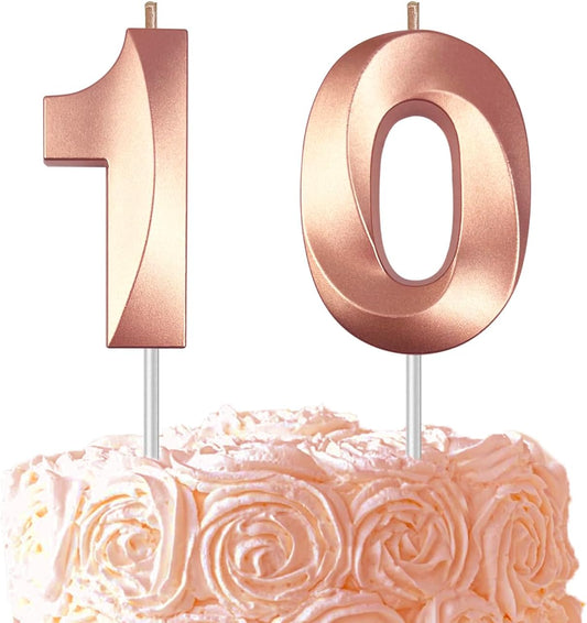 Rose Gold Number 10 Candles, 3D Diamond 2.76 Inch Cake Topper Birthday Candles for Wedding Anniversary Cake Decorations, Happy Birthday Party Decorations