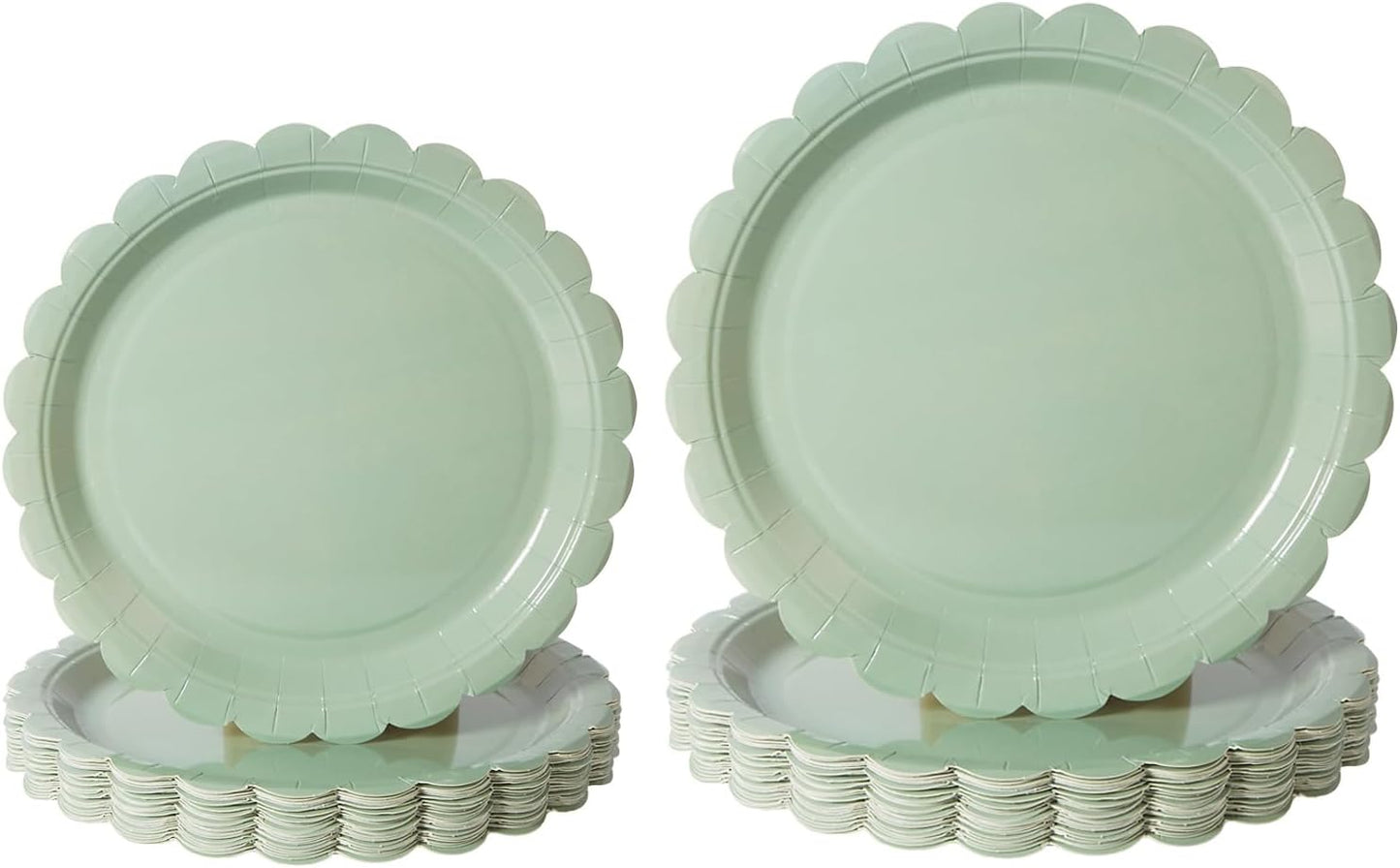 BEFORYOU 50PCS Scalloped Disposable Paper Plates Dessert Cake Party Plates for Baby Shower, Wedding,Bridal Shower Birthday Party Supplies (Sage-Green, 7IN and 9IN)