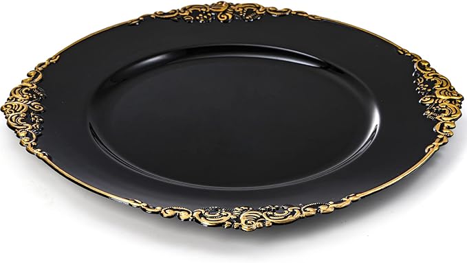Okllen 12 Pack Plastic Round Charger Plates, 13" Dinner Charger Dessert Plates with Gold Rim, Vintage Charger Serving Plates for Catering, Wedding, Tabletop Decor, Black, Floral Trim