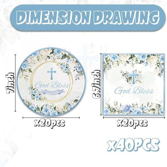 40Pcs Blue God Bless Party Supplies Tableware Set 20 Plates and 20 Napkins for God Bless Party Decoration Serve 20 Guests
