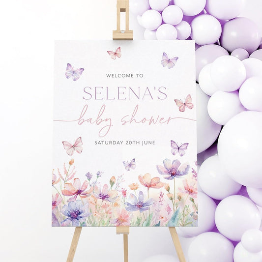 Butterfly Welcome Sign Printable, Butterfly Baby Shower Welcome Sign, Purple Pink Butterflies Baby Shower Welcome Sign, Girl Baby Shower