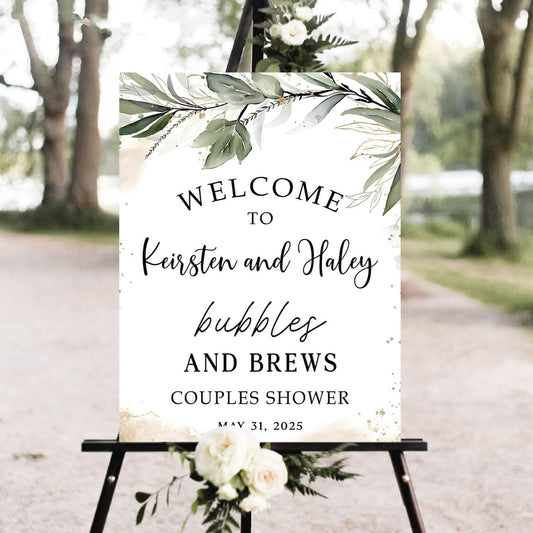 Personalized Greenery Eucalyptus Bubbles and Brews Couples Shower Welcome Sign, Gold Modern Minimalist Wedding Shower Bridal Party Decoration, Outdoor Plastic Sign Weatherproof #15